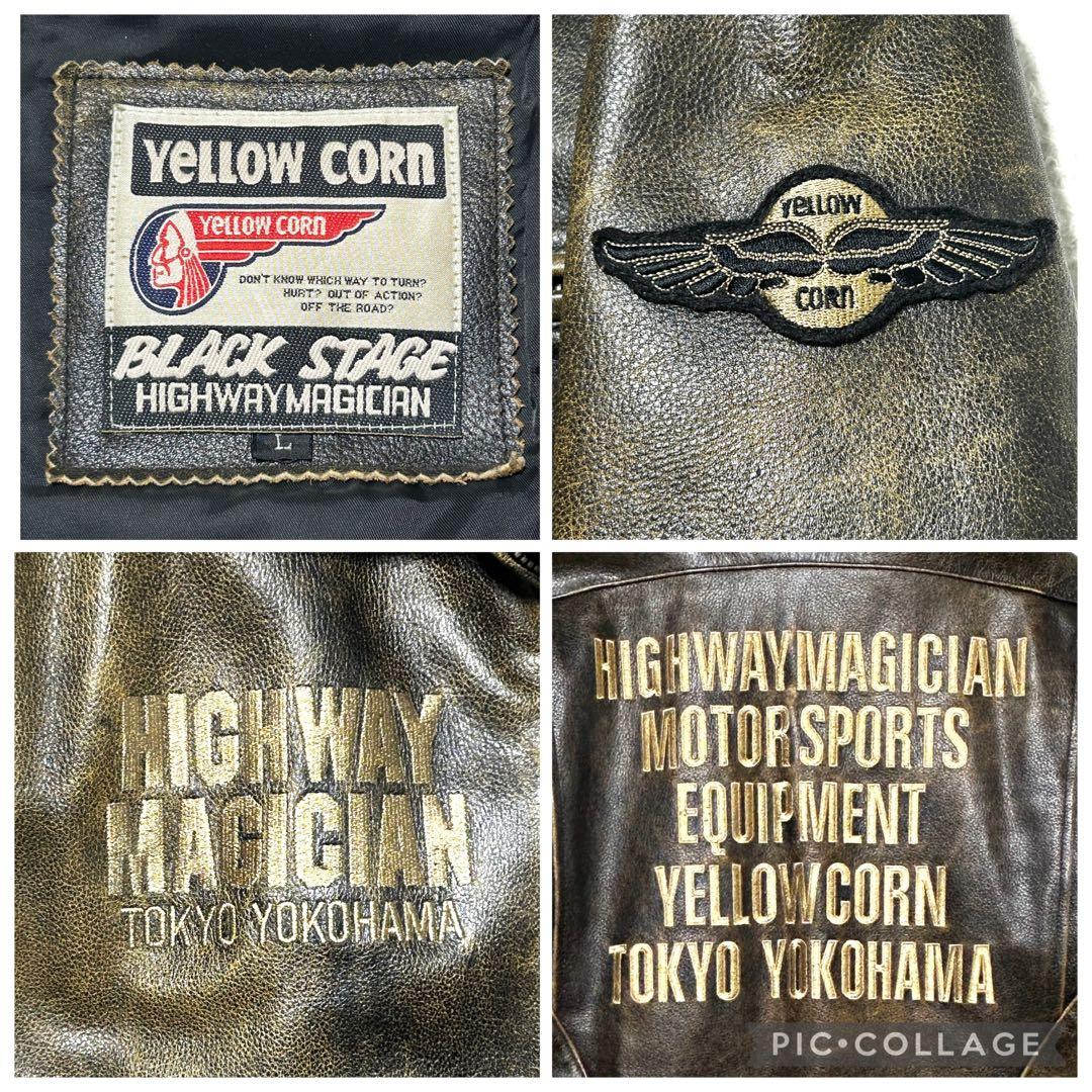 YeLLOW CORN シングルライダース 金刺繍 ロゴ ワッペン ブラウン L｜