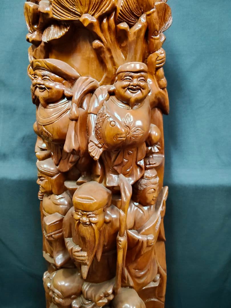 大型・縁起物】木彫り 七福神 彫刻 置物 一刀彫 天然木 高さ135cm 欅