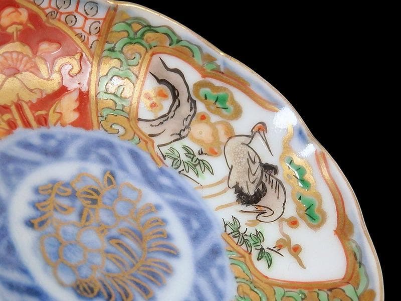 古伊万里　金襴手　松竹梅に双鶴　花の図　豆皿　E893AS-CTs