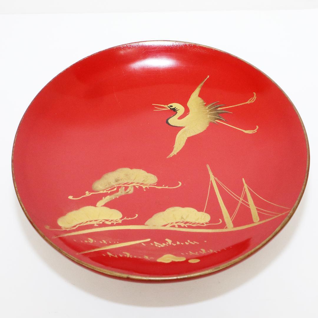 漆芸 絵変わり 鶴亀 鶴 金蒔絵 朱塗引盃 三十客 木皿 箱付き