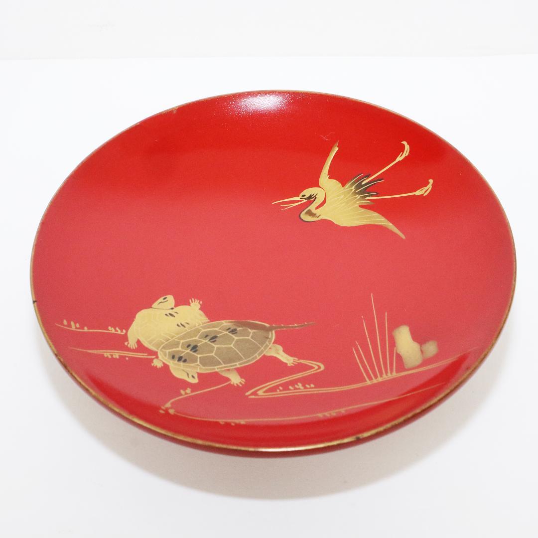 漆芸 絵変わり 鶴亀 鶴 金蒔絵 朱塗引盃 三十客 木皿 箱付き