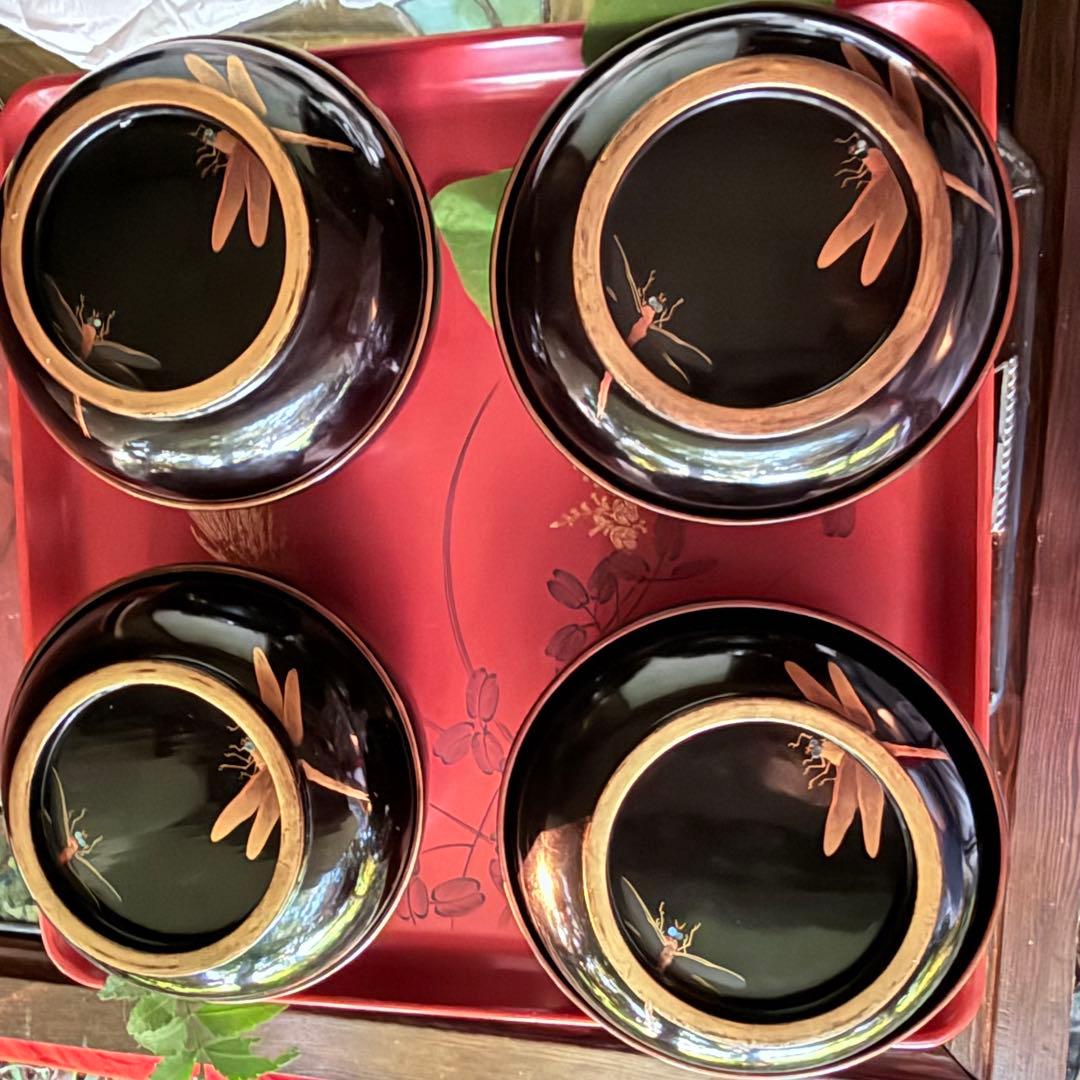 Y様へ感謝お嫁入‼️JAPAN螺鈿蒔絵『蜻蛉かげろう＆菊＆木蓮』真塗金縁吸物椀3客