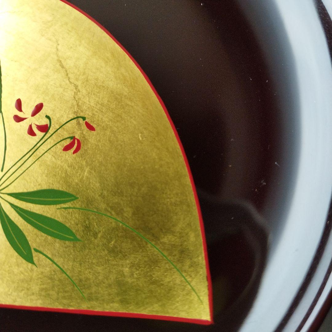 未使用】漆 溜色 漆塗り 菓子皿 銘々皿 金箔 花柄 柄違い