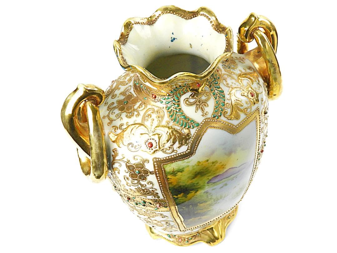 オールドノリタケ 金彩ジュエル風景画 プレッツェルハンドル 飾り壷 アンティーク