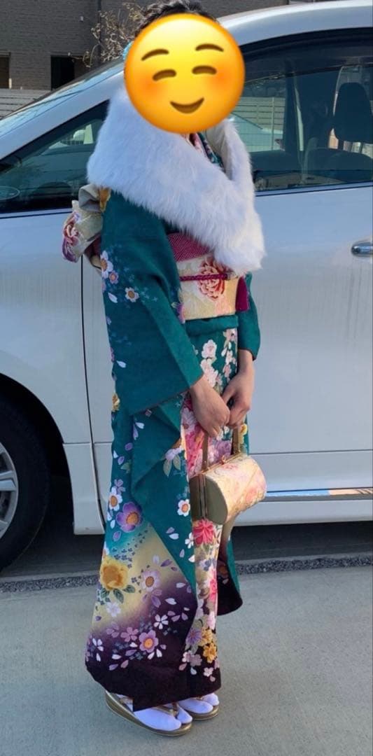 グリーン ターコイズブルー 振袖 成人式 ショール 髪飾り 草履 バッグ一式