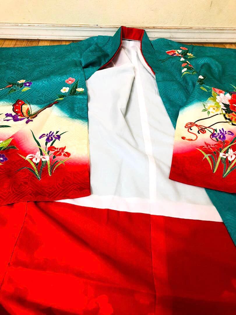 七五三七歳‼正絹️完全フルセット‼️人気Blue Greenに花車金彩煌びやか際立つ