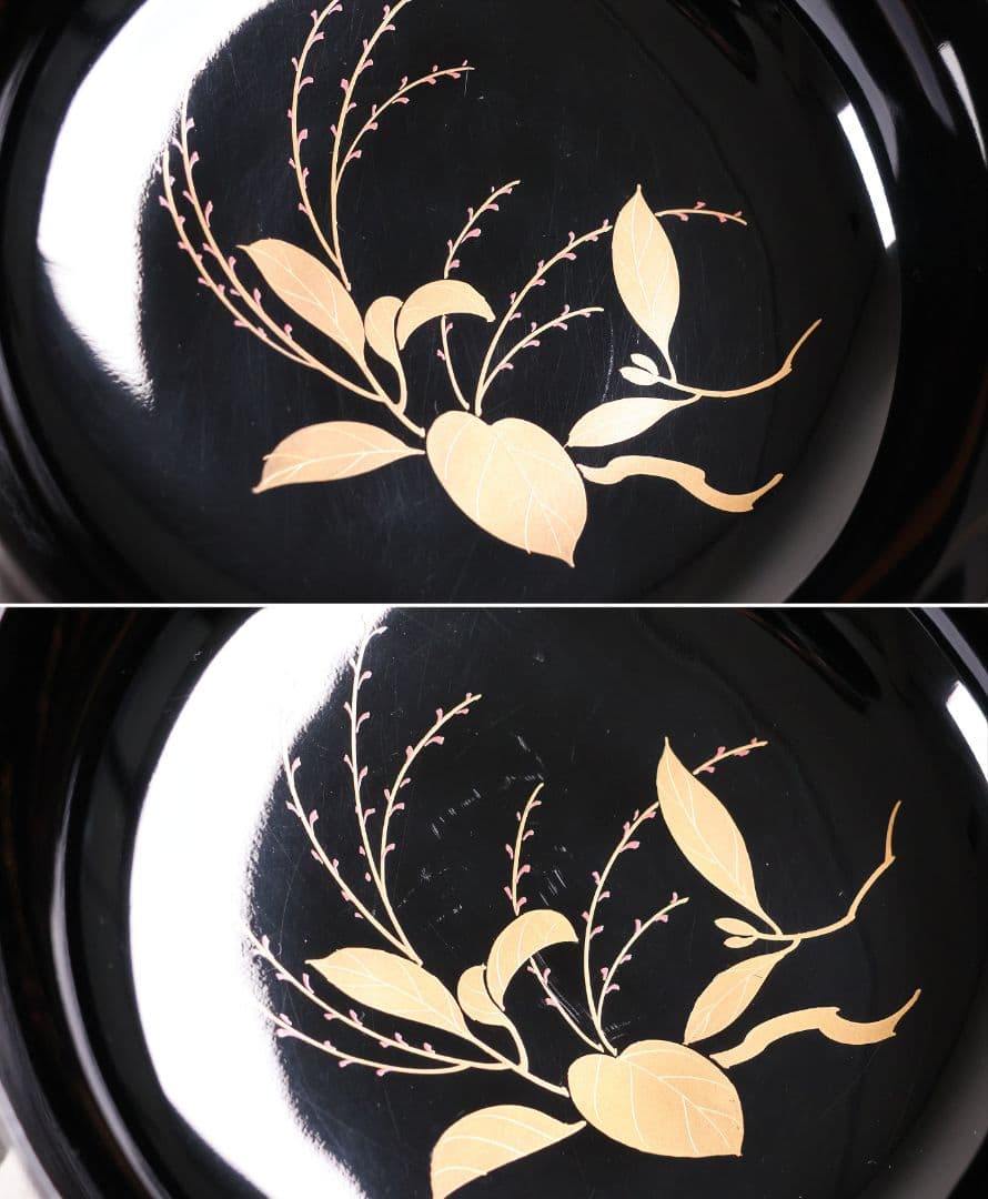 MB190】天然木漆塗 紫陽花と葵 金蒔絵 螺鈿入 黒塗 煮物椀 五客 昭和期