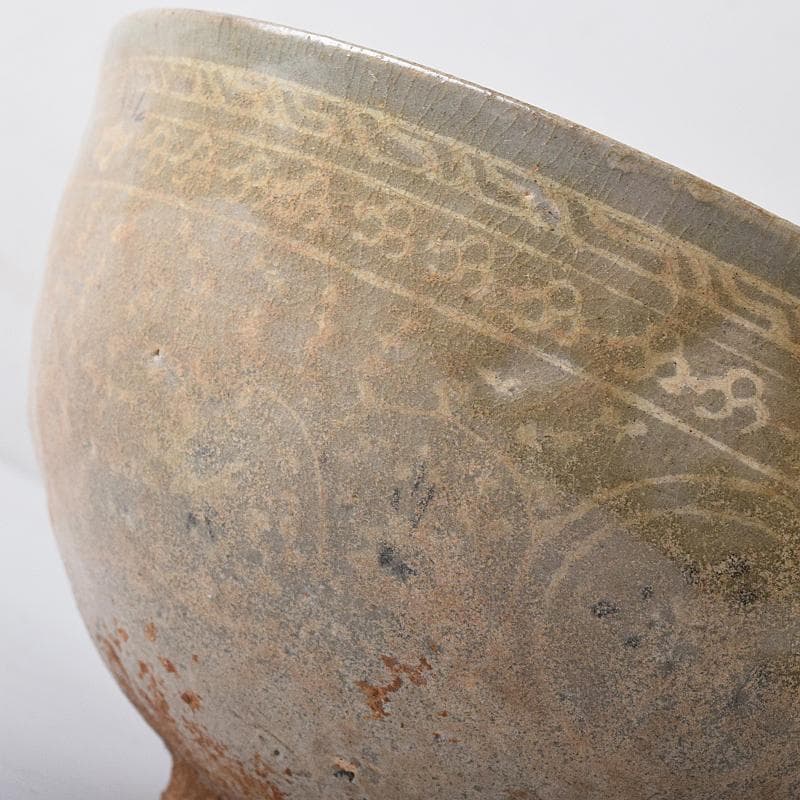 朝鮮美術　李朝　高麗青磁　象嵌花文　大茶碗　時代箱付　M　R8448