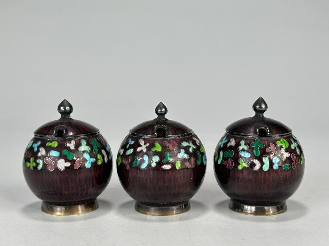 韓国美術　純銀製　刻印有　調味料入　七宝　茶器　茶道具　重さ317g