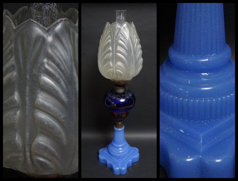 明治期 ガラス製大型オイルランプ花蕾型ランプ/切子油壷/ 水色練台座