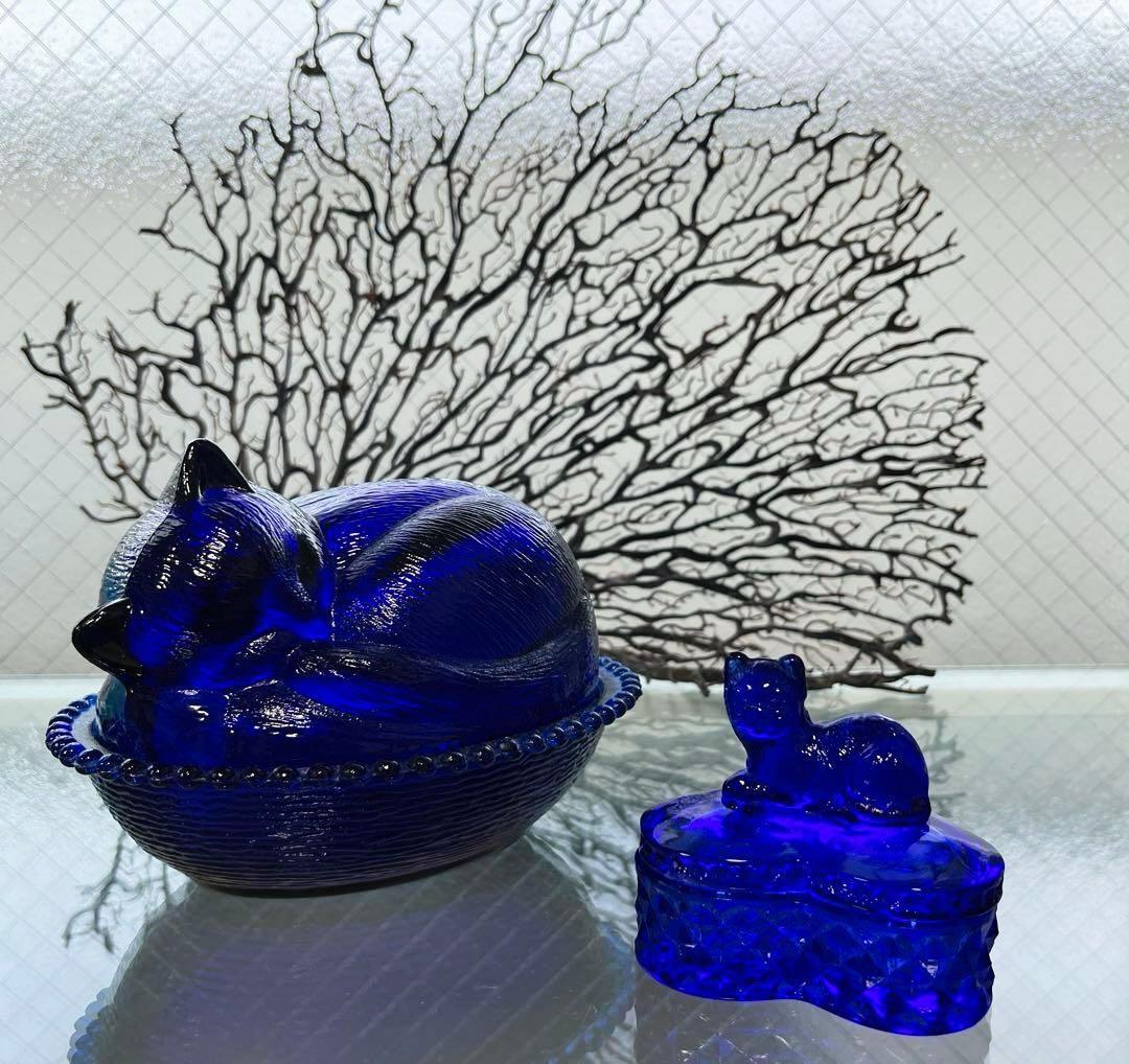 骨董 レトロガラス 希少コバルトブルー 瑠璃色ガラス 子猫 ボンボン