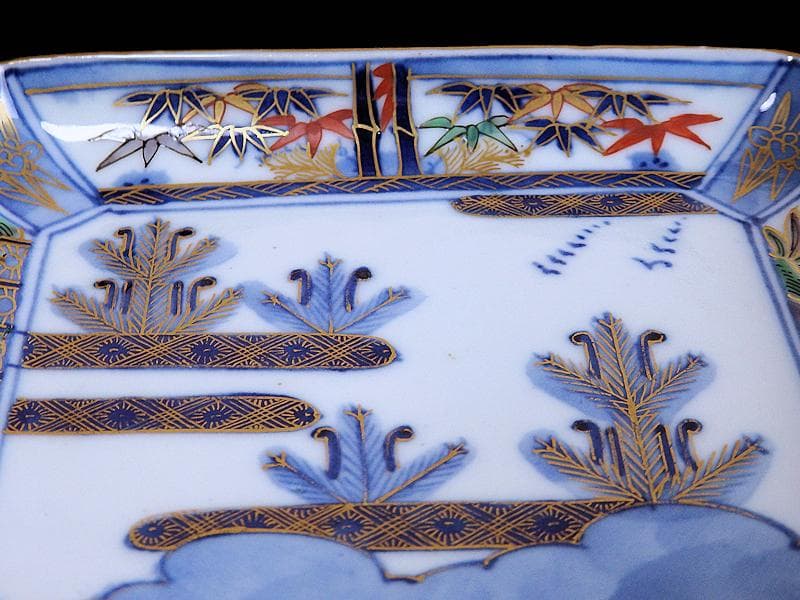大聖寺伊万里 金襴手 亀甲紋に松竹梅 若松の図 長皿 E375AS-COw