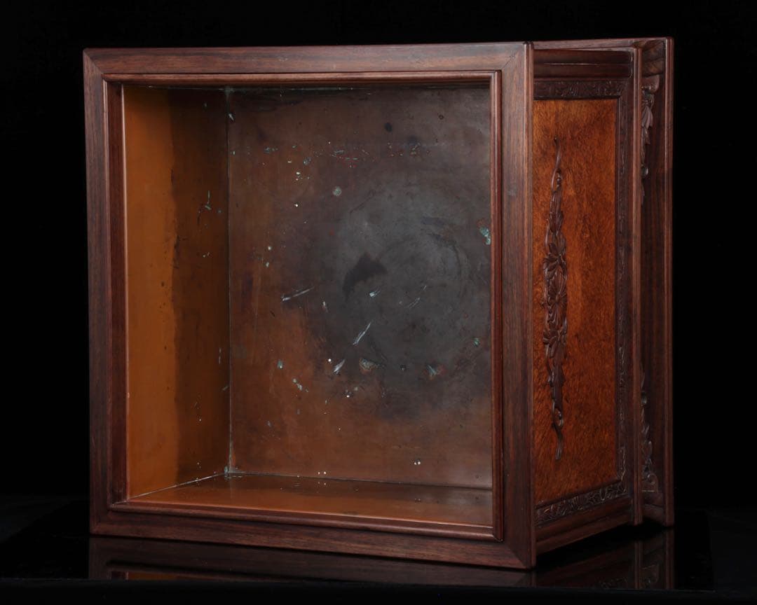 唐木細工師【阿達祥山】 玉葡萄紫檀草飾四方形 火鉢 幅43.5