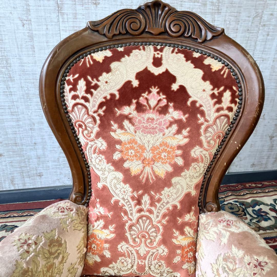 ②アンティーク ロココ様式 木製花柄アームチェア 一人掛けソファー