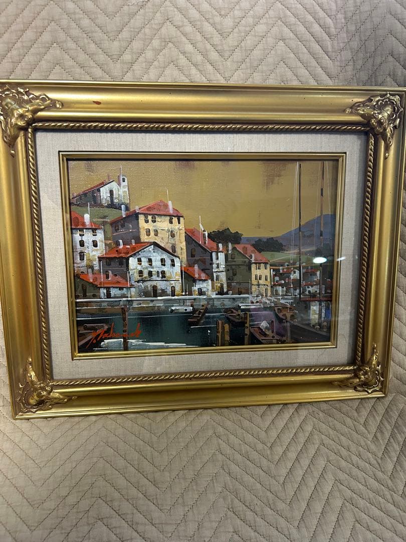 油絵　竹内敏彦　「スペインの港」　F4