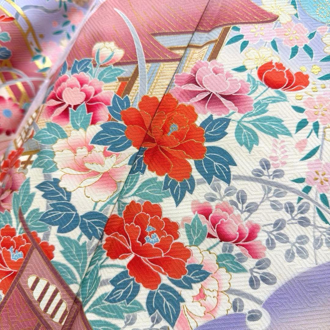 12 振袖フルセット 正絹 薄桃 ピンク 水色 金彩 暈し染め 華やか 小柄