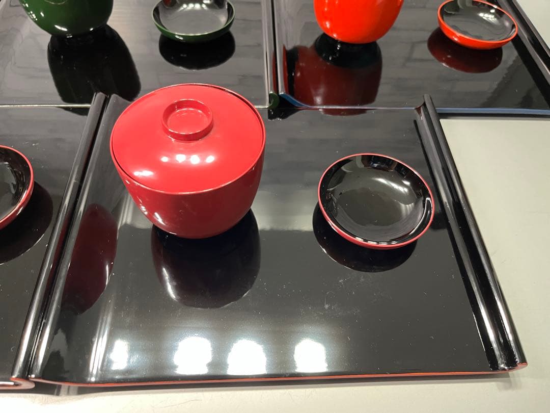 輪島塗　おしるこ椀　吸物椀　小皿　盆　八寸　5客セット　薄手　ポップな色味