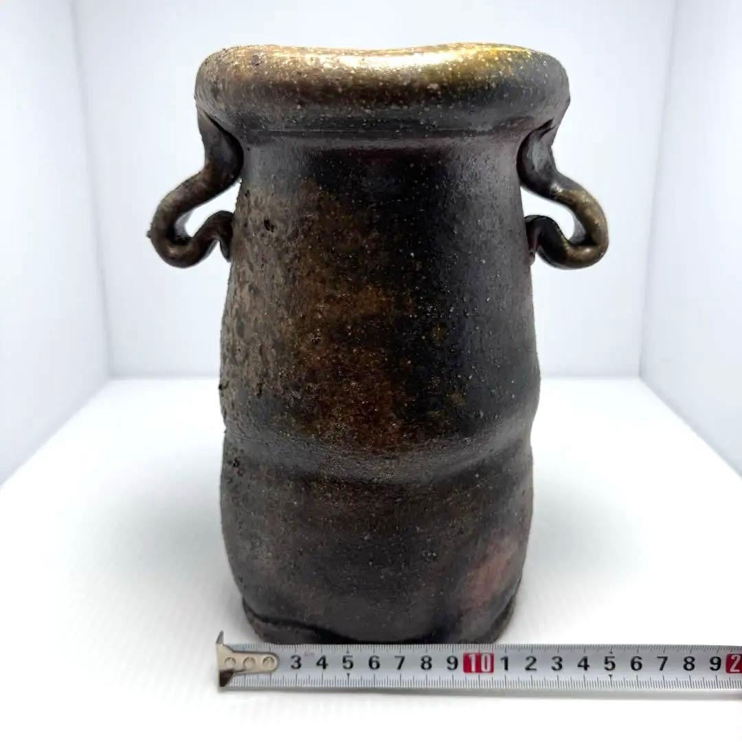 未使用 備前焼 斉藤隆 持ち手付き 花生 花瓶 花器 壺 伝統工芸 美術品 美術
