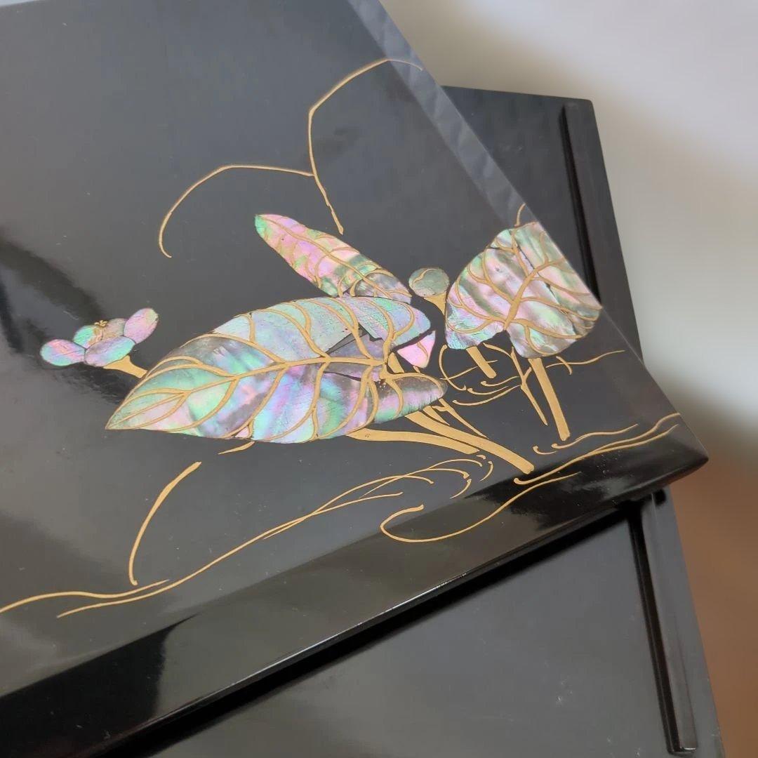 骨董 重箱 螺鈿 三段重 木製 漆器 正月 おせち 木箱