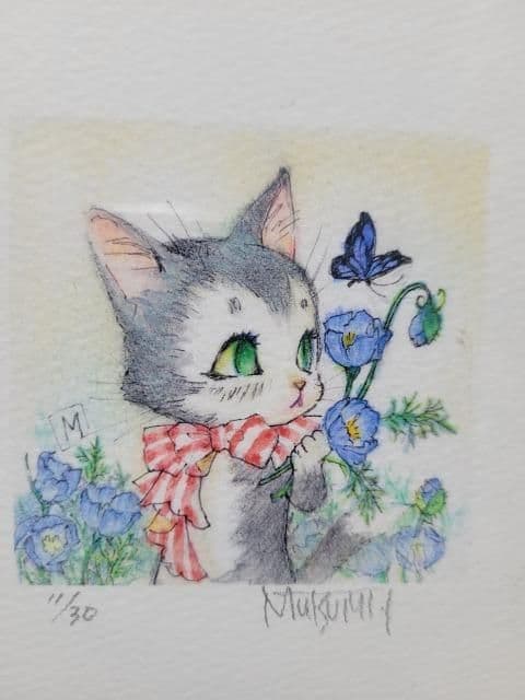 いのまたむつみ ミニ版画(猫)「青い花」直筆サイン入り/限定30枚