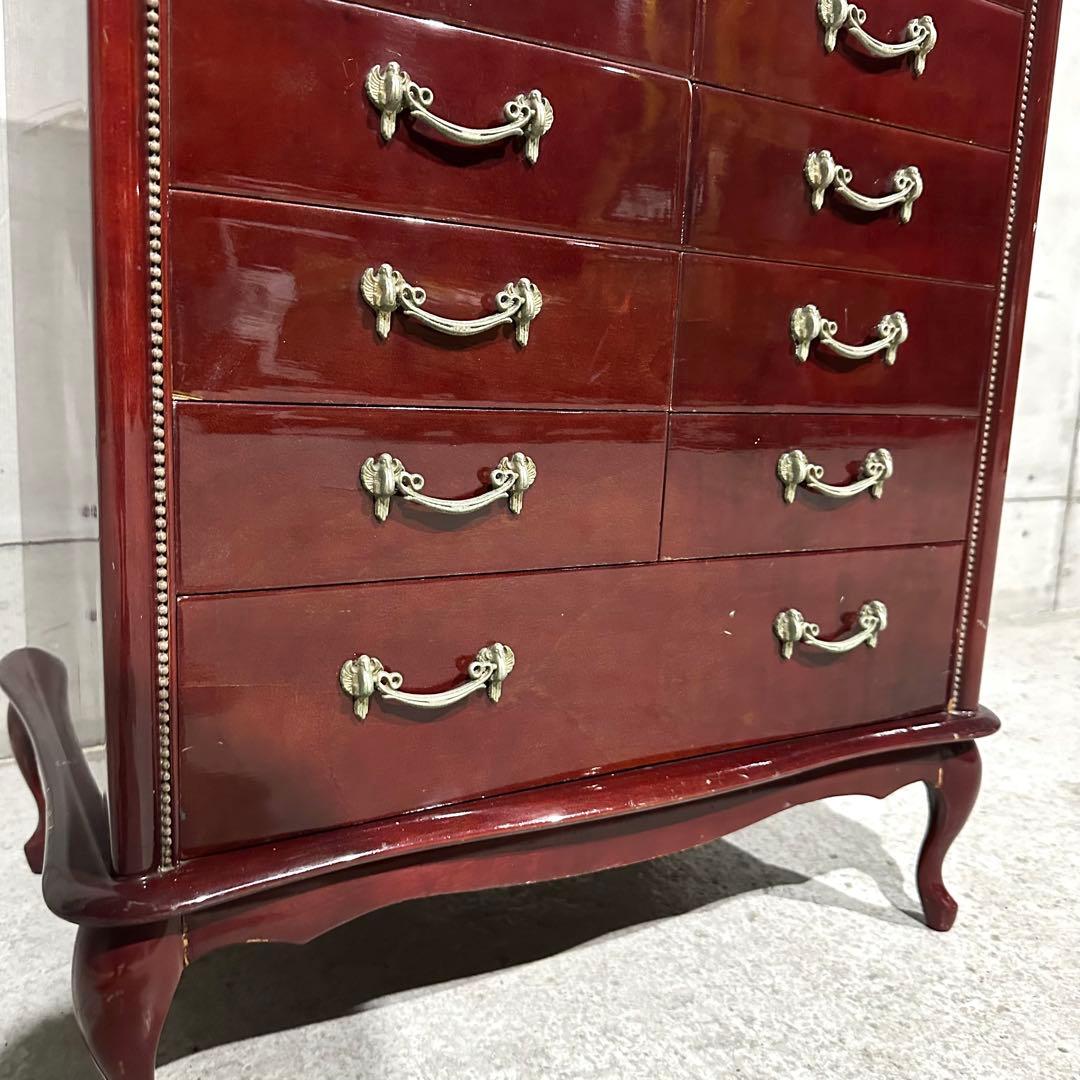 輸入家具꧂アンティーク調 7段チェスト ワインレッド 猫脚 クラシック収納