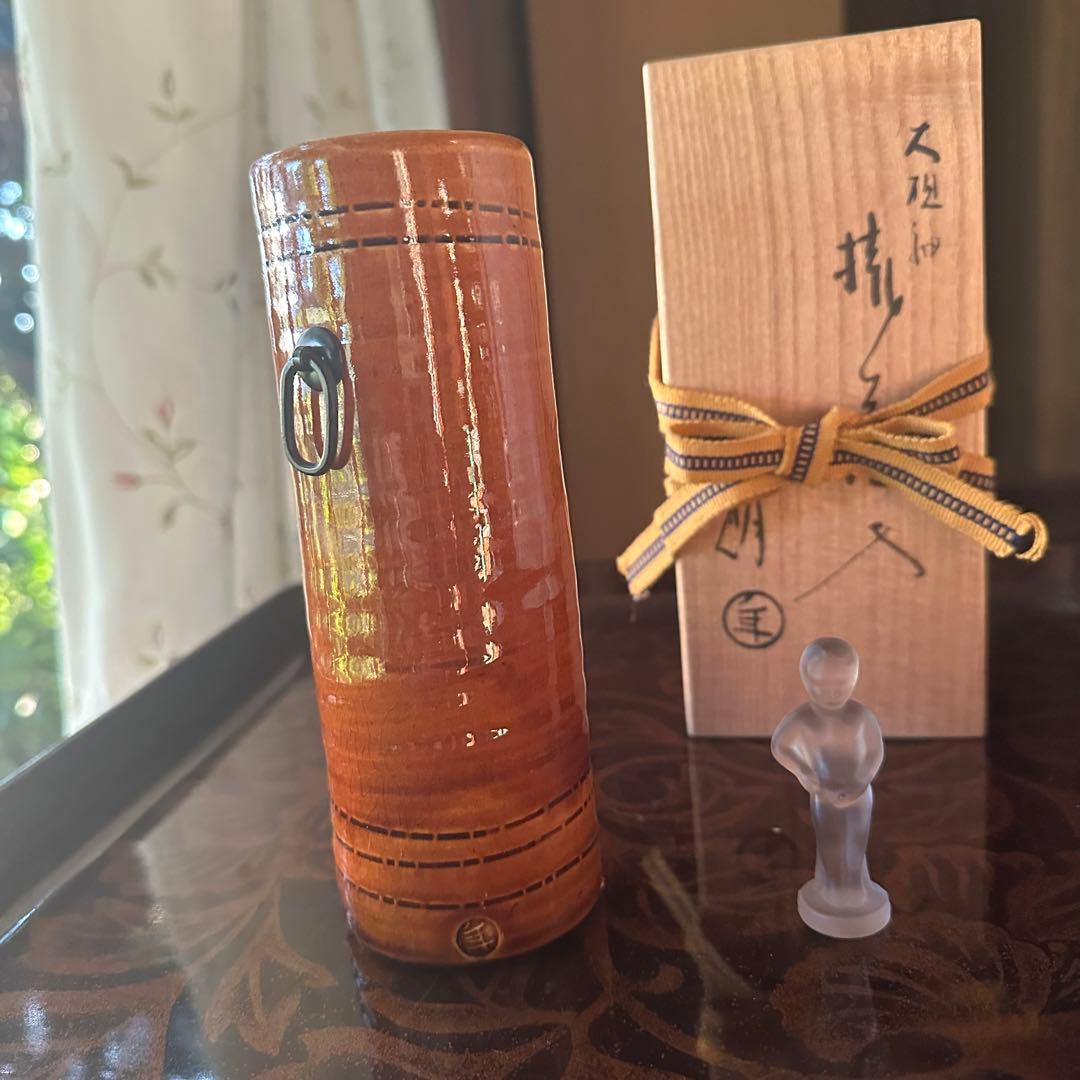 2155様感謝‼️KUTANI飴色人間国宝十代長左衛門未使用飴釉筒形掛花入桐箱