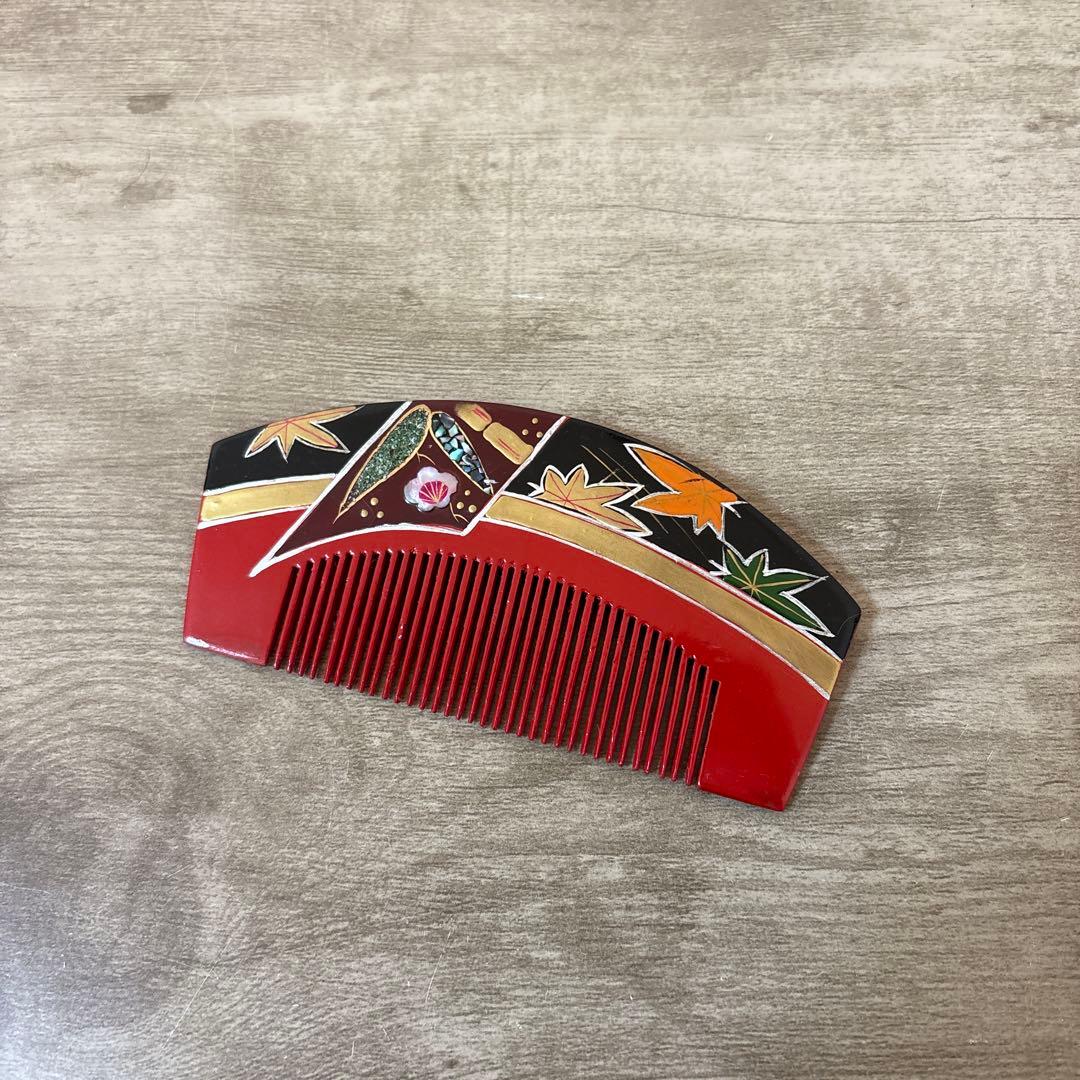 平打揃 本蒔絵 髪飾り 簪 櫛 昭和レトロ 螺鈿 朱〈検着物 和装 浴衣