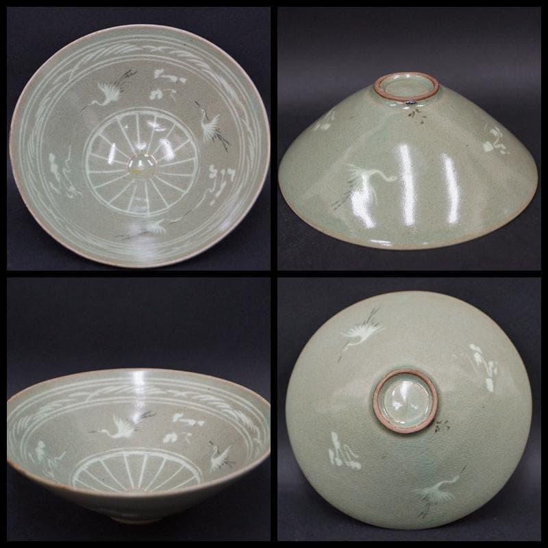 古茶碗 青磁象嵌『雲鶴文』茶碗 平茶碗 抹茶碗 箱付 / 茶事 茶道具