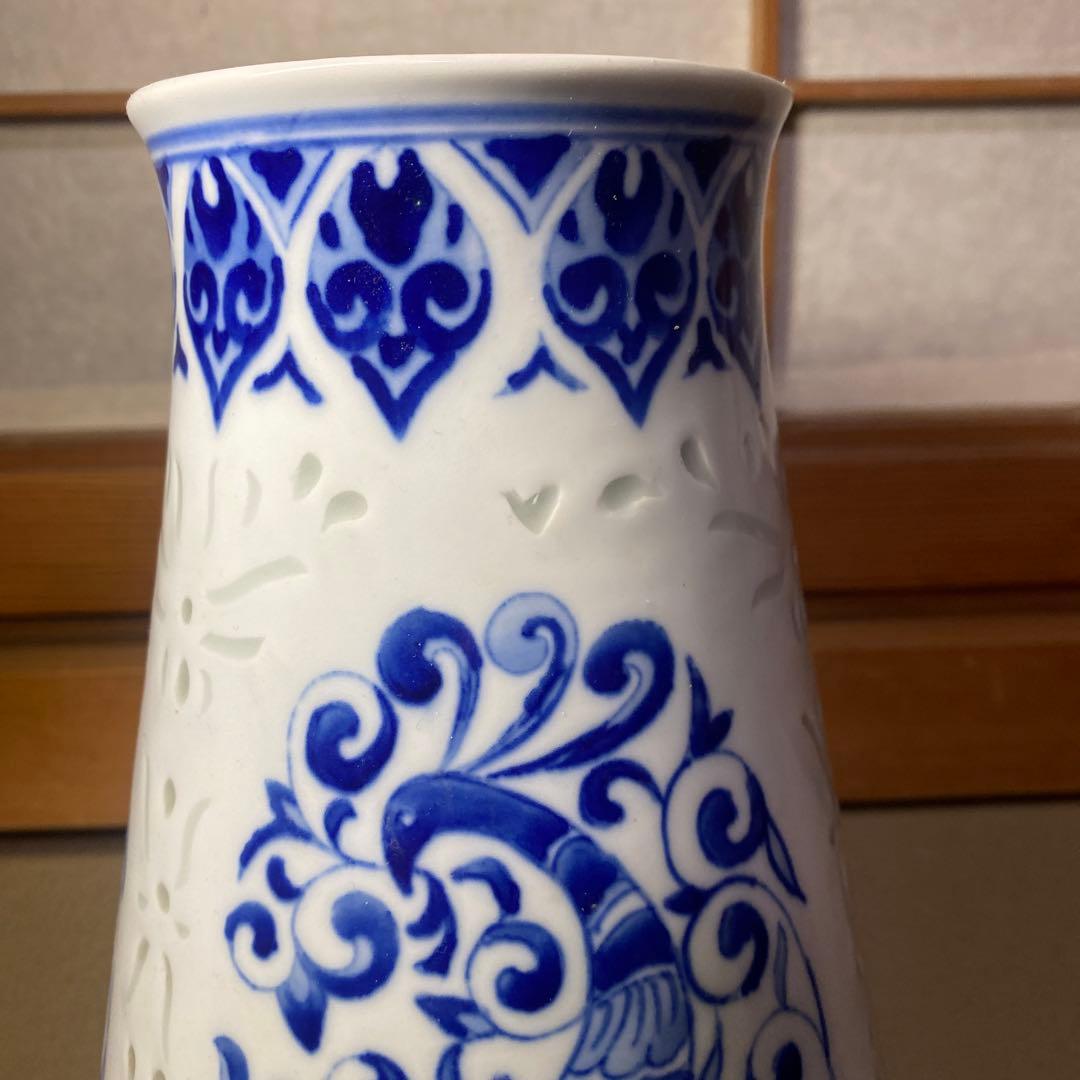 中国美術　蛍手染付花瓶　景徳鎮製