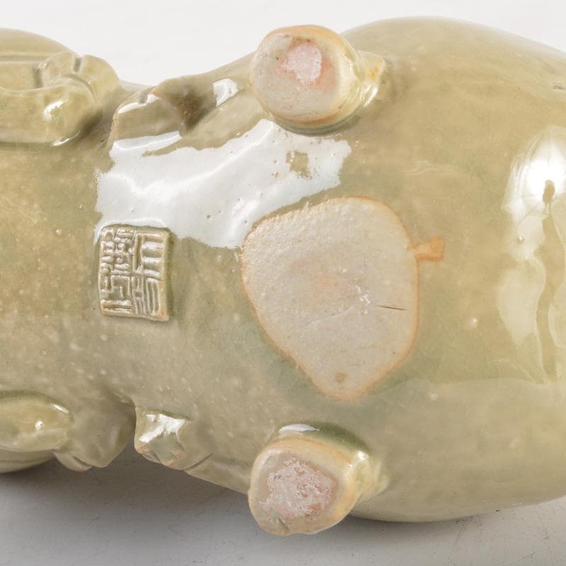 中国 倣越州窯青磁 羊形 火灯 燭台 証書付 C 6515 美術品