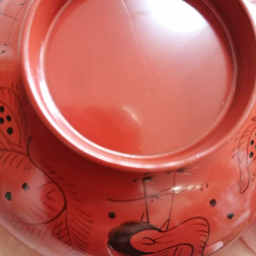 塗師　長遊斎　鶴漆絵　沈朱小吸物椀　拾客　　朱塗　鶴絵　木製　懐石　会席　茶道具