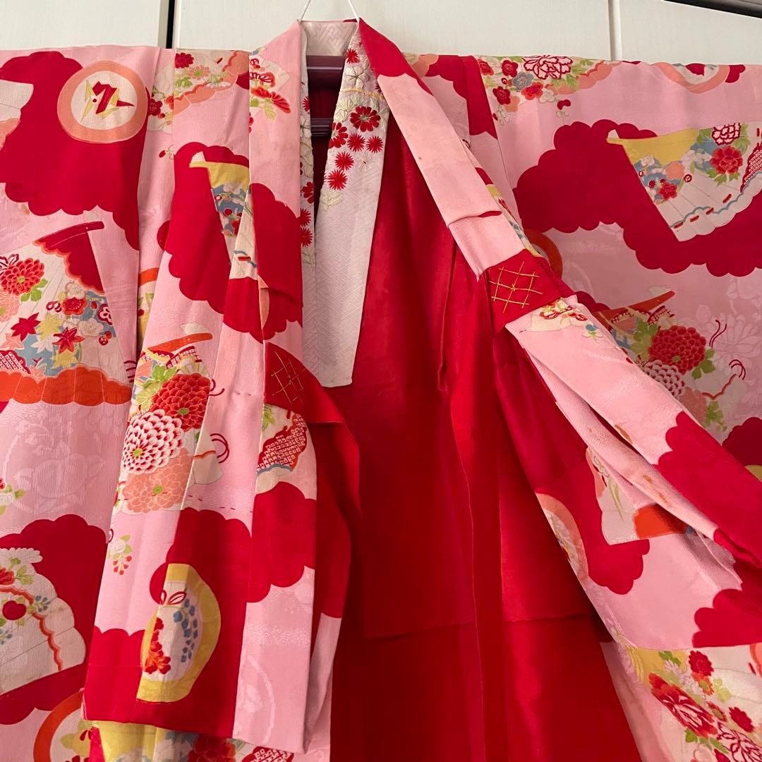 七五三　アンティークお着物セット　３歳〜　作り帯コーデ　髪飾り付き