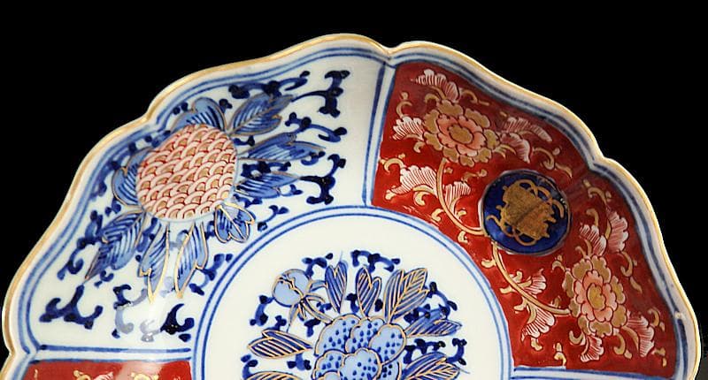 大聖寺伊万里 　染錦　牡丹に巻物の図　膾皿　４客　C135A- ALg