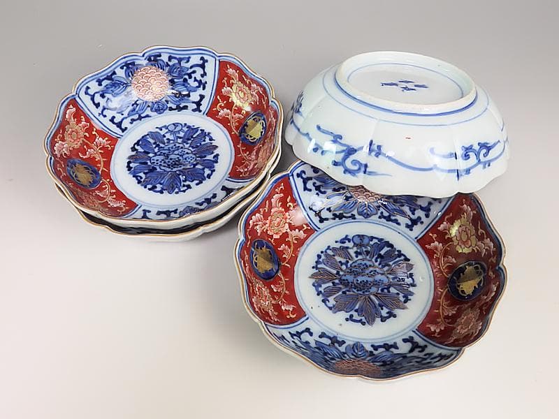 大聖寺伊万里 　染錦　牡丹に巻物の図　膾皿　４客　C135A- ALg