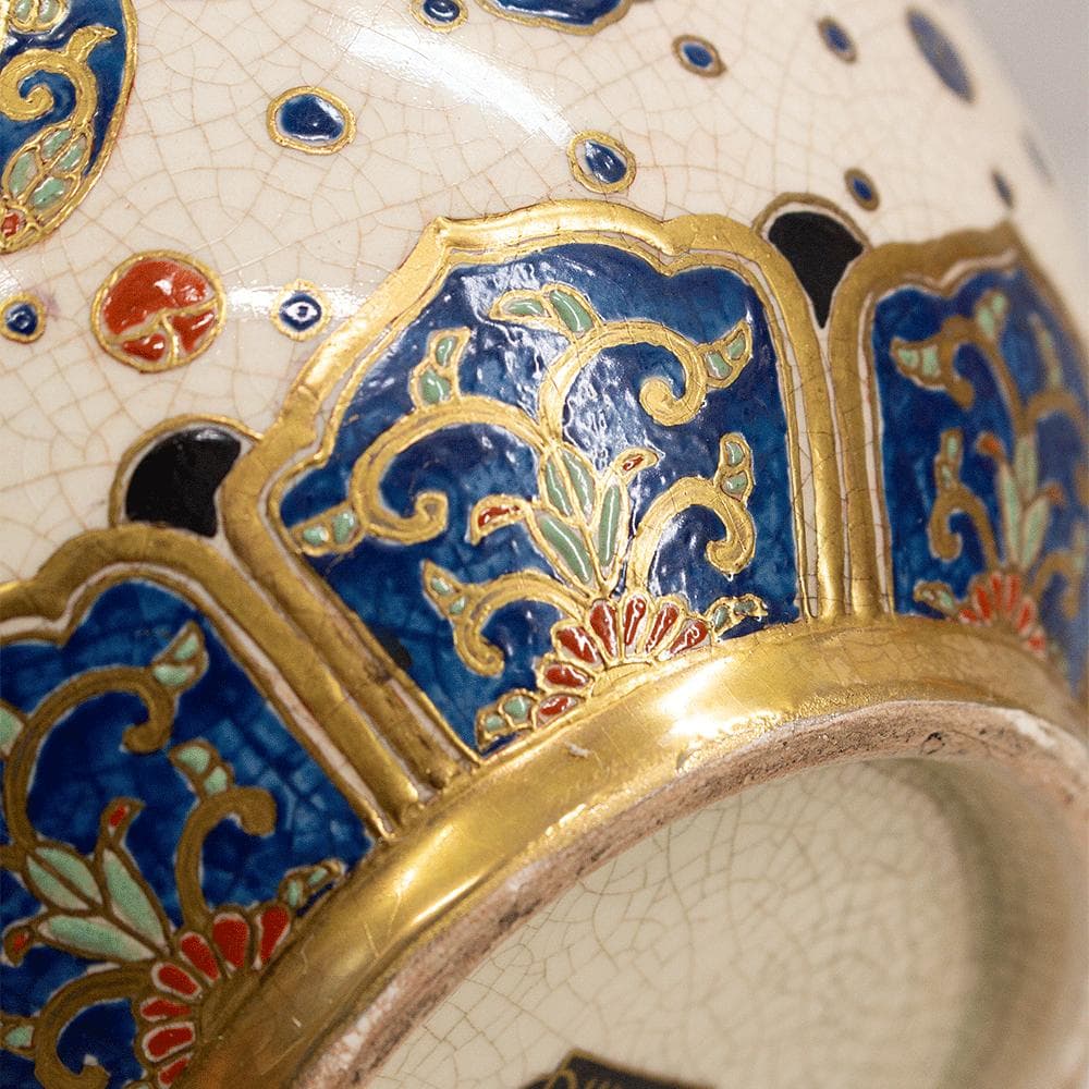 薩摩焼 丸十字 薩摩 明治期 瓢箪型金彩鳳凰文 花瓶 金襴手 アンティーク