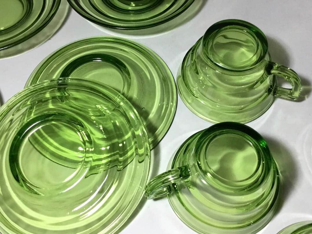 アールデコ◇ガラスカップ&ソーサー6客◇緑 グリーン 昭和レトロ