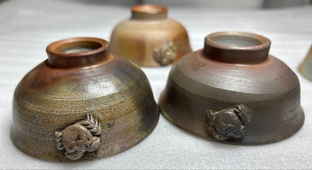 備前焼　盃　お猪口　小西陶古造　窯変細工浮彫 『蟹』　4個セット