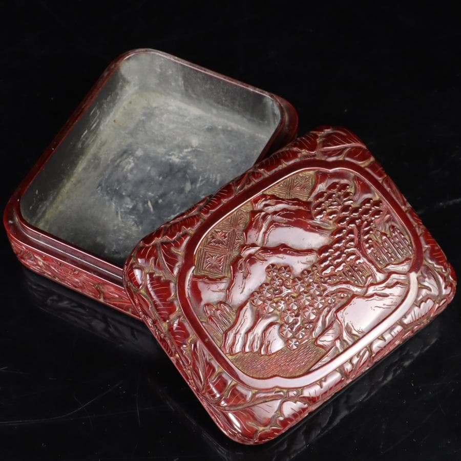 Y3272-5 彫師 渡辺明泉 朱塗 山水文 煙草盆組揃 共箱　　MM