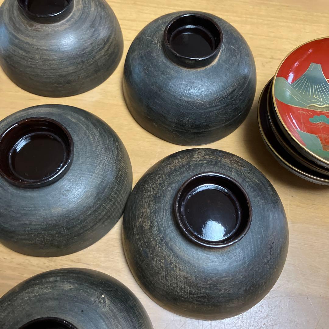 会津鉄錆塗（てつさびぬり）木製汁椀7客（明治〜大正