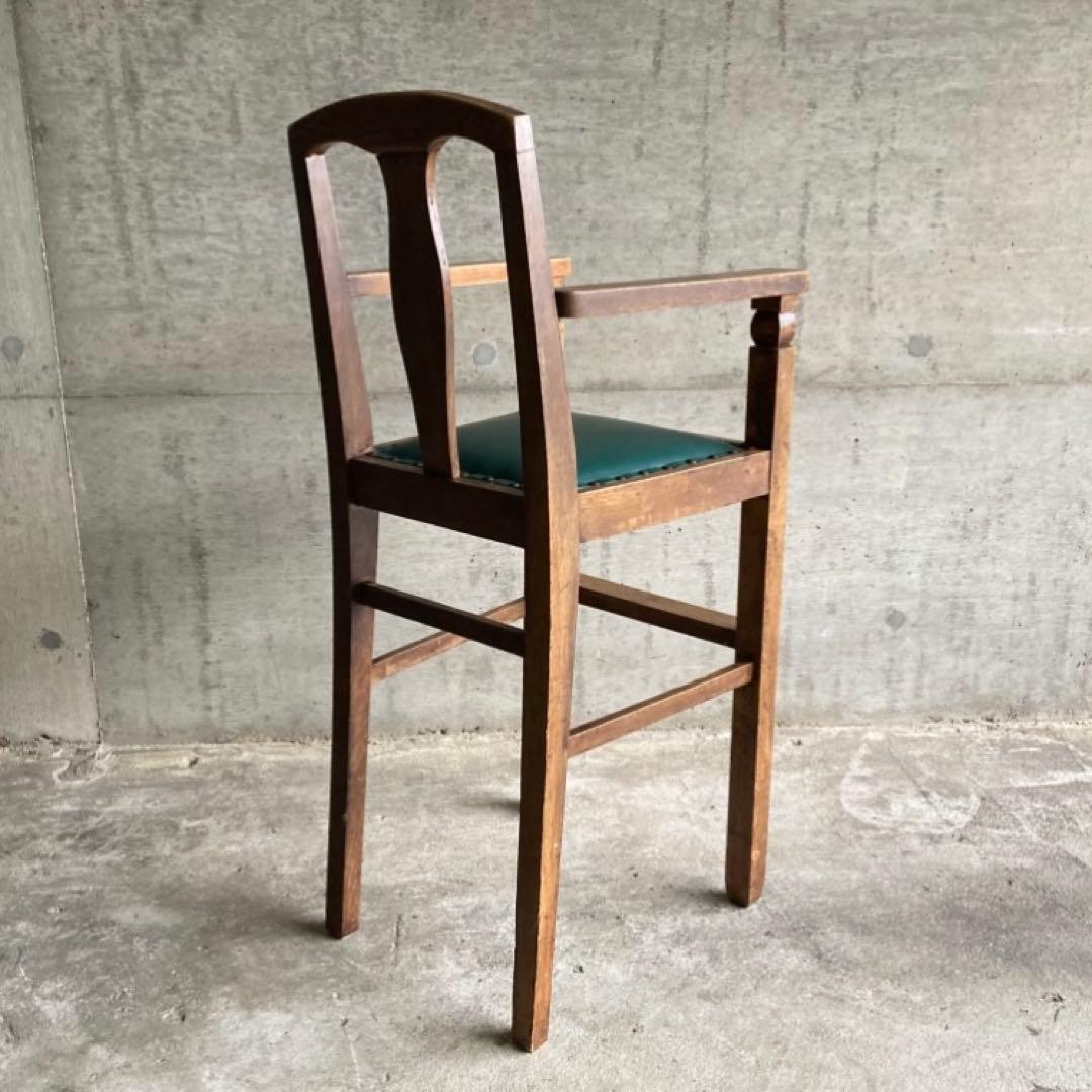 古い味のある子供椅子 ハイチェア 木製 飾り台 緑色 家具 レトロ