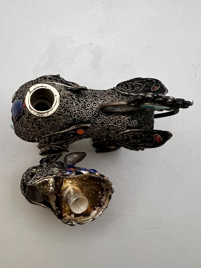 【海】民国期　銀製　獅子　珊瑚　ラピスラズリ　トルコ石装飾　中国骨董品