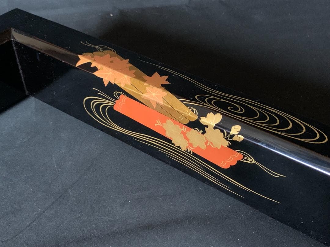 輪島塗 河智製 花筏蒔絵 木製 黒真塗 炉縁 共箱 茶道具