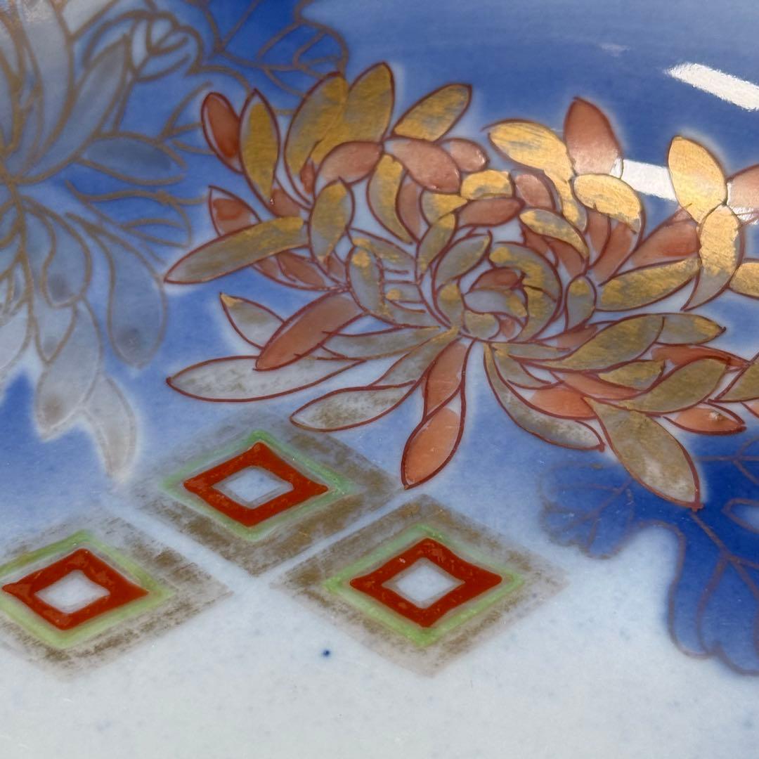 オールド深川製磁 明治時代 色絵菊文様三ツ鉢 深川ブルー 金彩 香蘭社