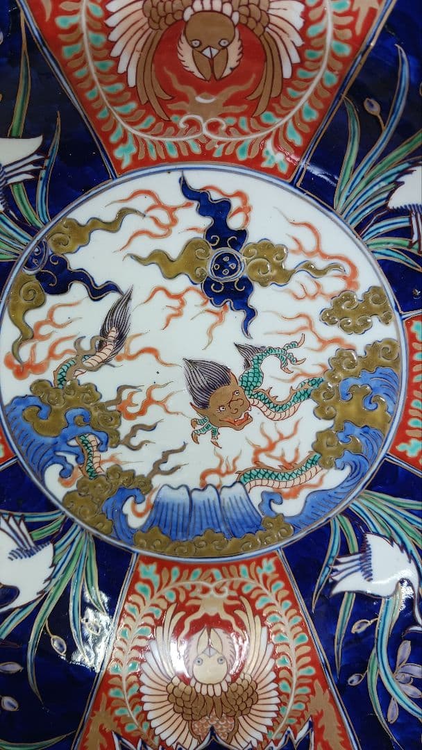 時代物古伊万里色絵錦手金襴手金彩【雲龍鳳凰？鷺図】大皿　冨貴長春　江戸期時代箱付 旧家蔵出し品 古伊万里 古い大皿 手書き色絵 瑞雲花 共を連れた貴族 鶴