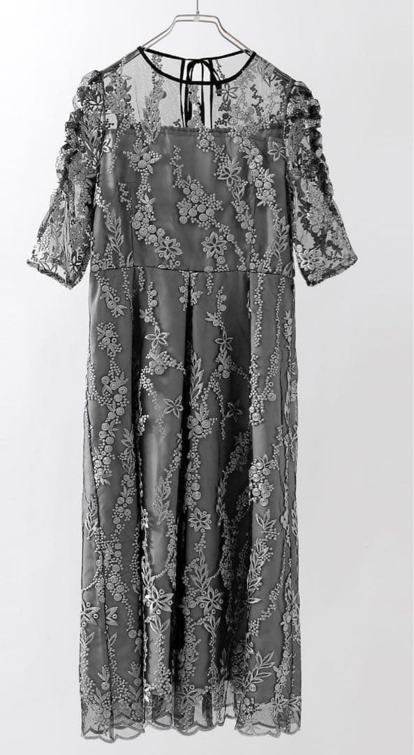 刺　レース　リボン　パーティー　結婚式　オケージョンドレス　黒　シルバー　グレー