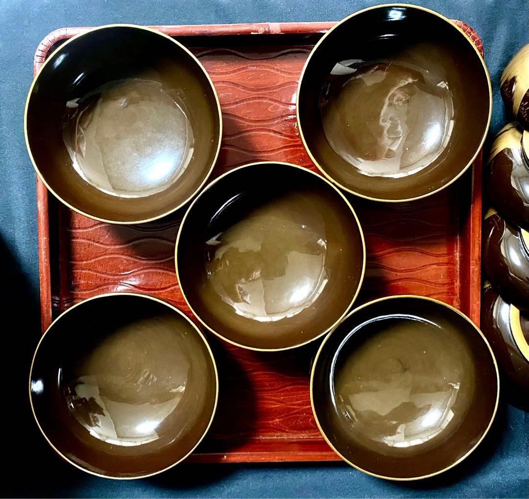 アンティーク 輪島塗 漆器セット 天然木 蒔絵 菓子椀5客 ,沈金 2段重箱