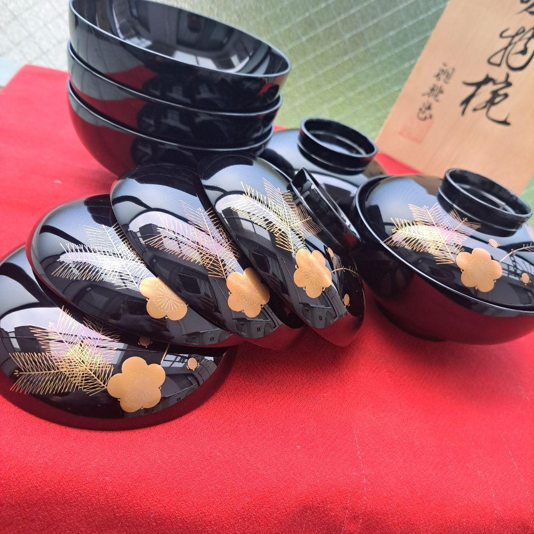 【越前\"河和田漆器　松竹梅\"蒔絵御吸物椀×5客】天然木製　祖雅堂　未使用/長期