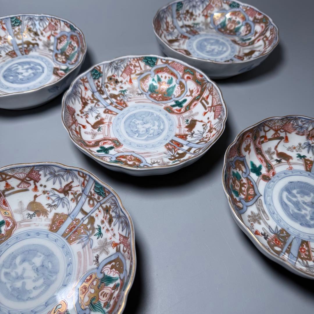 専用出品 幕末〜明治期 金蘭手 膾皿 五客 松竹梅 鶴 扇子 角冨印 上物