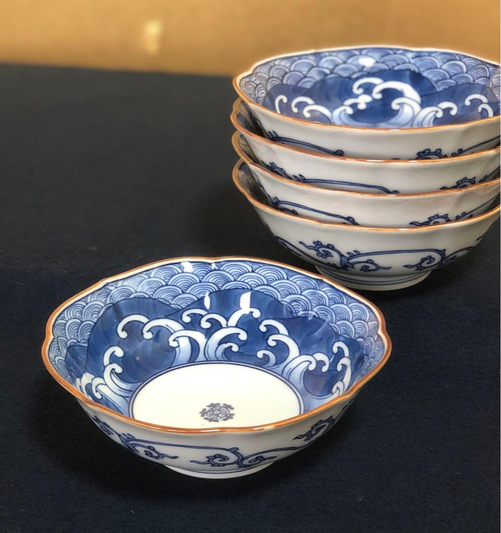 《レ》有田焼 源右衛門作 輪花 染付四海波 小鉢5客 共箱　251201お2