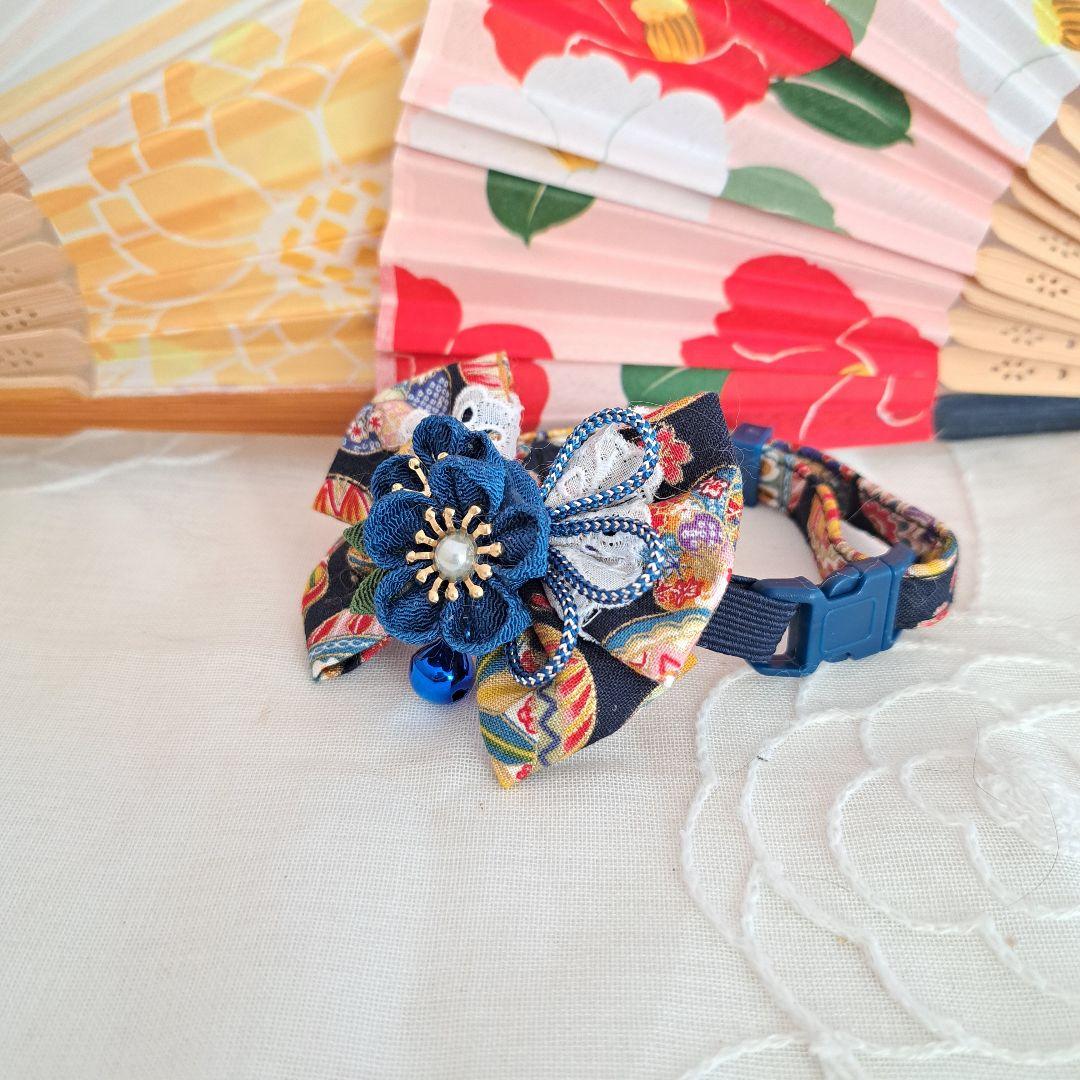 つまみ細工ダブルリボン(青)わんちゃん猫ちゃん用首輪 ダブルリボン(パープル①)わんちゃん猫ちゃん用首輪